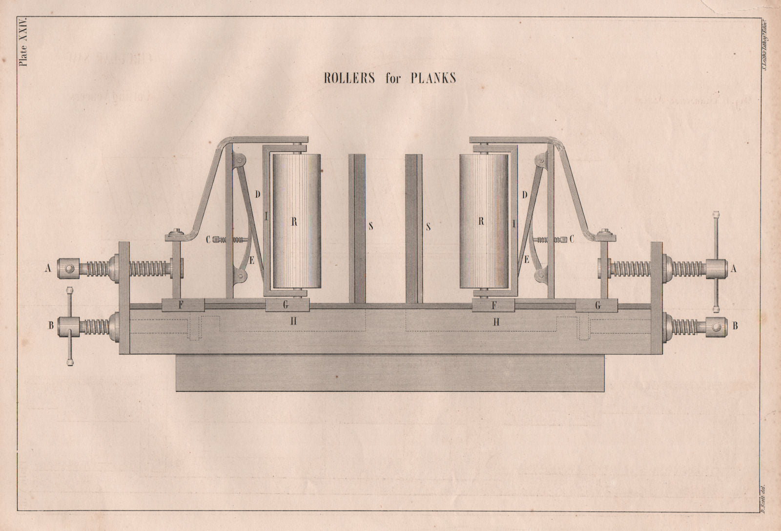 VICTORIAN ENGINEERING DRAWING. Rollers for planks 1847 old antique print